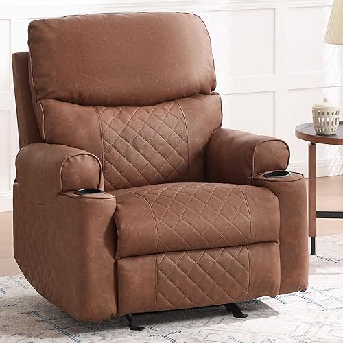 Recliner Chair,Rocking Chair with Cup Holders, Leather Reclining Chair for Adults, Theater Lounge Seating with Soft Padded Seat for Comfort (Faux Leather,Brown)
