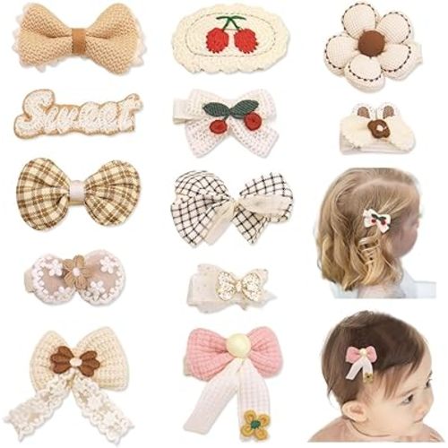 Bethynas 12 pcs Hair Clips for Girls Fabric Flower Hair Clips Fully Lined Hair Bows Barrettes Cute Cotton Floral Hair Accessories for Toddler Infant Kids (Cherry - Ivory)