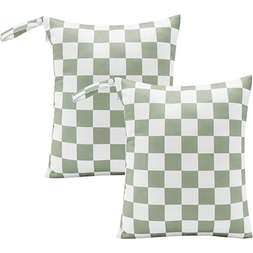 Sage Green Checkered Waterproof Wet Dy Diaper Bag for Baby Essentials, Travel, Swimsuit, Beach Bag Accessories, Aesthetic Trendy Cute Toddler Baby Cloth Bag Pouch, Pack of 2