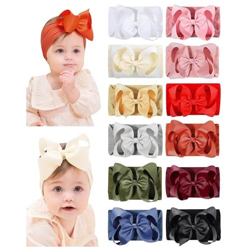 doboi Baby Girl Headband - 12pcs Nylon Hair Accessories with Big Ribbon Bows, Soft Lightweight Headbands for Baby Girls Infant Newborn Toddler