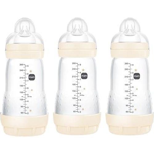MAM Easy Start Anti-Colic Bottle, Baby Essentials, Medium Flow Bottles with Silicone Nipple, Unisex Baby Bottles, Designs May Vary, 9 oz (3-Count),