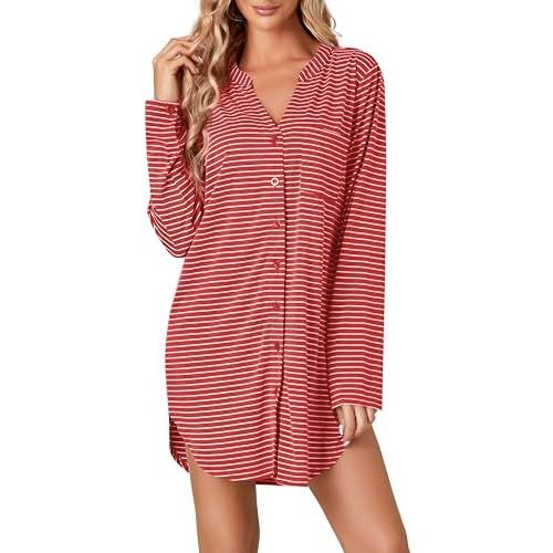 Vrtige Women's Striped Nightshirt Button Down Long Sleeve Nightdress Nightgown with Pocket