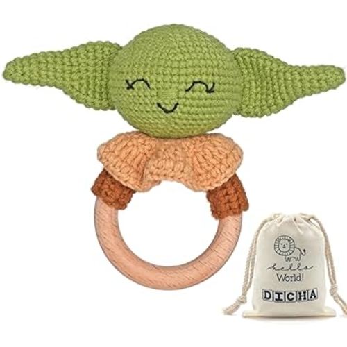 DICHA Wood Baby Rattle-Crochet Baby Rattle- Infant Rattle Sensory Development Wooden Toys Set-Includes Beech Wooden Teething Ring- Star Wars Fans The Baby Child