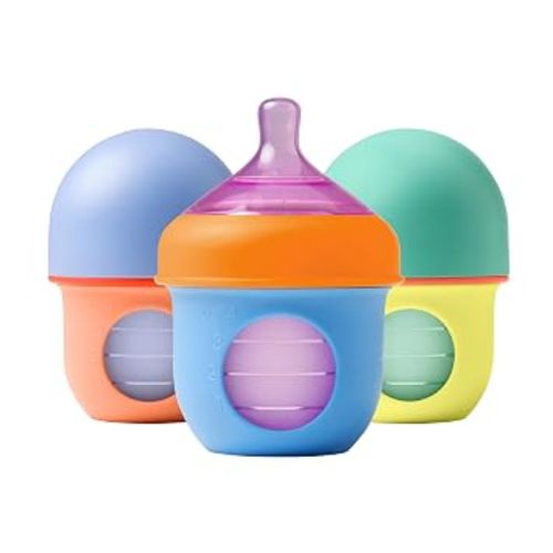 Boon Nursh Bottles - Slow Flow - Silicone Baby Bottles Help Ease Colic Symptoms - Formula and Breast Milk Only Touch Platinum Food-Safe Silicone - Color Block - 0-3 Months - 3 Count - 4 Ounce