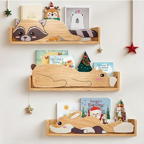 3 Floating Shelves, Wall Shelf for Kids Rooms, Woodland Nursery Bookshelves, Bear Fox and Raccoon 24inch