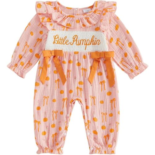 Newborn Baby Girl Halloween Outfit Cotton Linen Pumpkin Jumpsuit Romper | Baby Girl First Halloween Ruffle Sleeve Bubble Bodysuit Long Overalls with Bow Fall Playsuit Clothes 0 3 6 12 18 Months