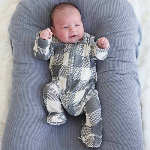 Big Check Bamboo Waffle Zipper Footie | Denim
