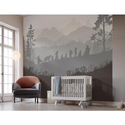 Walking Fellowship Wall Mural, Self-adhesive Fantasy Decal, Wallpaper, Tapestry, Backdrop, Nursery Design in Warm Gray, Custom Size Decor