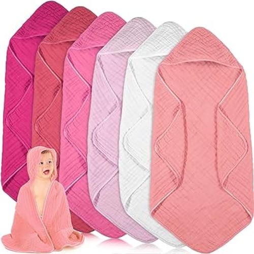 Peryiter 6 Pcs Muslin Hooded Baby Towels,32"x 32" Cotton Newborn Bath Towel Muslin Infant Baby Blankets Absorbent Unisex Newborn Registry Gift for Girls Boys (Pink)