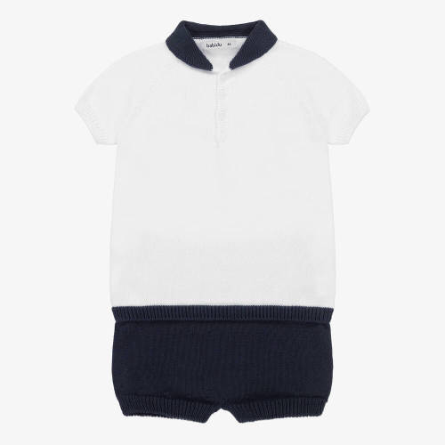 Babidu - Boys White & Navy Blue Knitted Shorts Set | Childrensalon Outlet