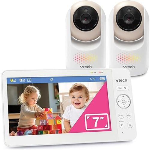 VTech 2-Cameras Video Baby Monitor with 7" Color LCD Screen, Rechargeable Battery, Video and Audio Streaming, Pan-Tilt-Zoom, Touch Multi-Color Night Light, Two-Way Talk: Advanced Max Twin (Tan)