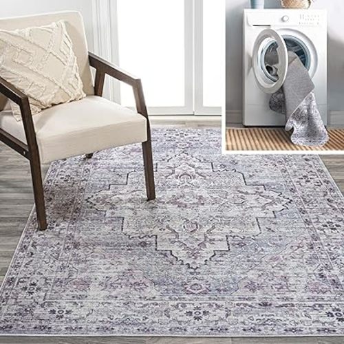 JONATHAN Y WSH102A-5 Didim Boho Gray Medallion Machine Washable Indoor Bohemian Transitional Area Rug,High Traffic,Kitchen,Living Room,Backyard,Non Shedding,5 X 8,Gray/Purple
