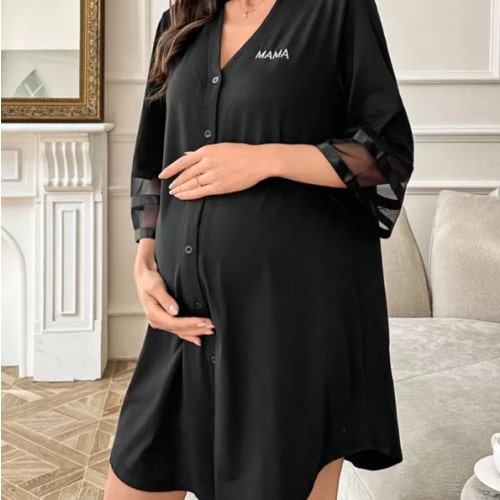 Moonlight & Mama Chiffon Patchwork 3/4 Sleeve Loose Casual Notched Neck Maternity Dress, Comfortable Loungewear