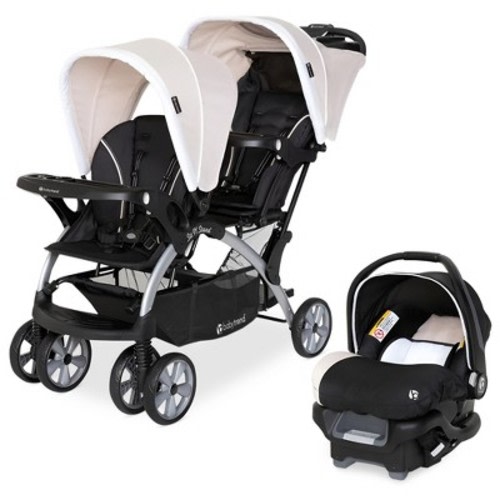 Baby Trend Double Stroller and Car Seat Combo, Toddler and Infant Travel System with Safety Harnesses and Cover, Lightweight Design, Khaki