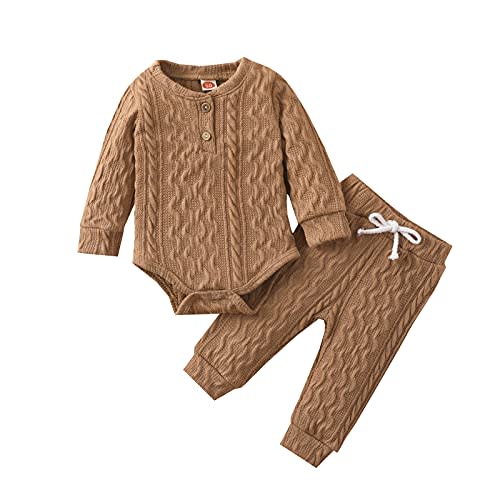 Newborn Baby Boy Girl Clothes Ribbed Knitted Cotton Long Sleeve Romper Long Pants Solid Color Fall Winter Outfits
