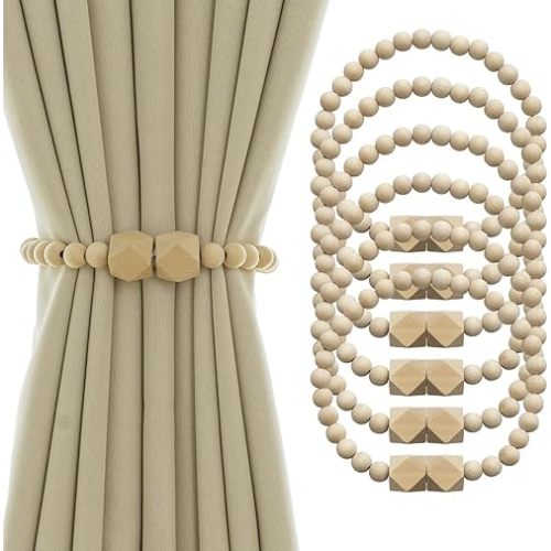 Magnetic Curtain Tiebacks Farmhouse Tie Backs for Curtains 6 Pack Boho Window Curtain Holdbacks Wood Bead Curtain Tie Backs for Bedroom Decor, Natural Wood
