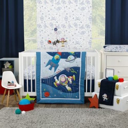 NoJo Disney Toy Story Outta This World Blue and Gray 3 Piece Nursery Crib Bedding Set - Comforter, Fitted Crib Sheet, and Crib Skirt