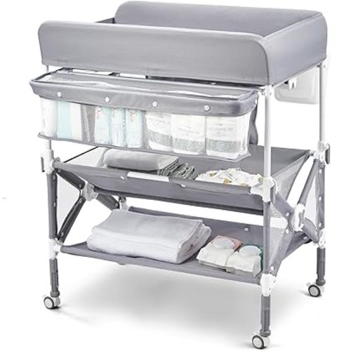 Portable Baby Changing Table, Babevy Foldable Diaper Change Table with Wheels, Adjustable Height, Cleaning Bucket, Changing Station for Infant Mobile Nursery Organizer for Newborn, Grey