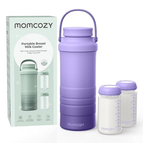 Momcozy 22oz Portable Breast Milk Cooler for Outdoor, Life Saver with 360° Total Cooling for 24 Hours, Larger Capacity Travel Breastmilk Chiller with 2pcs Baby Bottles for Breastmilk Storage, Purple