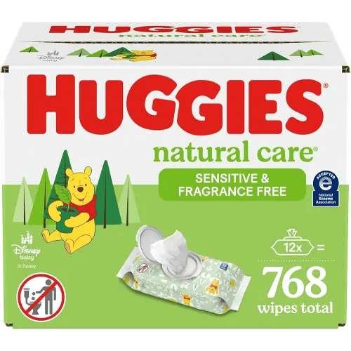 Huggies Natural Care Sensitive Baby Wipes, Unscented, Hypoallergenic, 99% Purified Water, 12 Flip-Top Packs (768 Wipes Total)