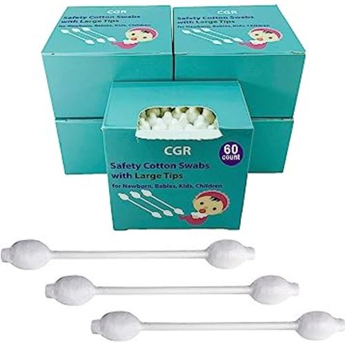 300pcs CGR Baby Safety Cotton Swabs with Large Tips for Newborn, Babies, Kids, Children, 100% Organic Cotton, White Paper Sticks, 5 Pack of 60 Swabs Total(5 Paper Boxes)