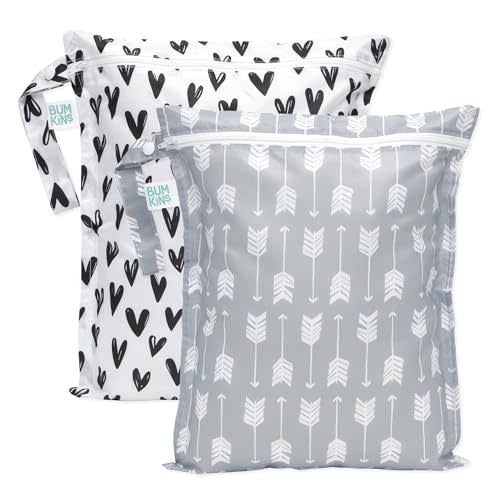 Bumkins Waterproof Wet Bag for Baby, Travel, Swim Suit, Cloth Diapers, Pump Parts, Pool, Gym, Toiletry, Strap to Stroller, Daycare, Zip Reusable Bag, Wetdry Packing Pouch, 2-pk