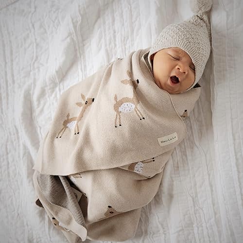 Knit Baby Swaddle Blanket - 100% Cotton Soft Cozy Receiving Swaddling Crib Stroller Blanket Quilt for Shower Gift Registry for Newborns Infants Toddlers Gender Neutral (Deer - Taupe)