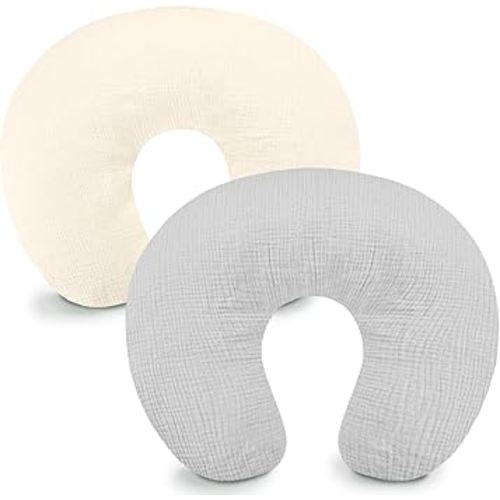 Hooyax Muslin Nursing Pillow Covers 2 Pack, Soft and Breathable Nursing Covers for Breastfeeding Pillows, Adorable Infant Feeding Pillow Slipcover for Baby Boy and Girls (Gray Creamy-White)