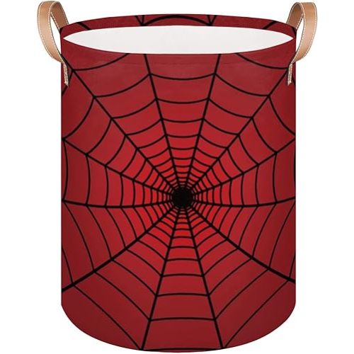 Large Laundry Hamper Basket Red Spider Web Round Freestanding Clothes Basket, Collapsible Storage Organizer Bin with Leather Handles for Dirty Clothes Toys, Nursery Home Storage 16"W x 20"H