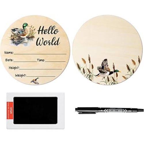 R HORSE Baby Birth Announcement Sign - Wooden Baby Birth Sign with Marker Pen for Baby Hand and Footprints, Double-sided Mallard Duck Newborn Name Announcement Sign with Ink Pad for Unisex Baby Shower
