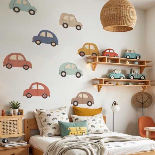 Boho Retro Cars Wall Decals | Set of 8 Colorful Vintage Car Stickers, 10"x8" | Playroom Decor, Nursery Transport, Peel & Stick Vinyl