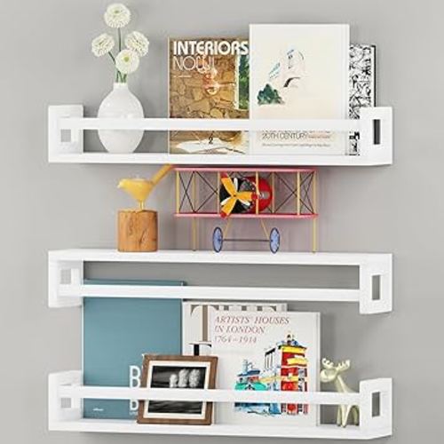 Floating Nursery Book Shelves for Wall, 23.6 Inch Nature Solid Wood Wall Mounted Bookshelf Set of 3, Hanging Bookshelves for Kids Room, Bedroom Nursery Decor and Book Storage (White)