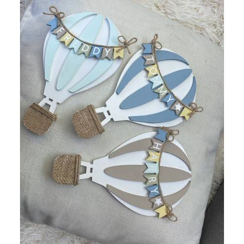 Wooden Hand Painted Hot Air Balloon option of Pastel colours or neautral for Baby Nursery Bedroom Decoration Wall Hanging Bookshelf