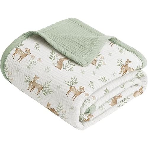 Konssy Muslin Baby Blankets, 100% Cotton Quilt Blankets for Baby Infant Toddler, Soft and Lightweight Nursery Crib Blanket for Baby Boys and Girls 43"x40" (Woodland)