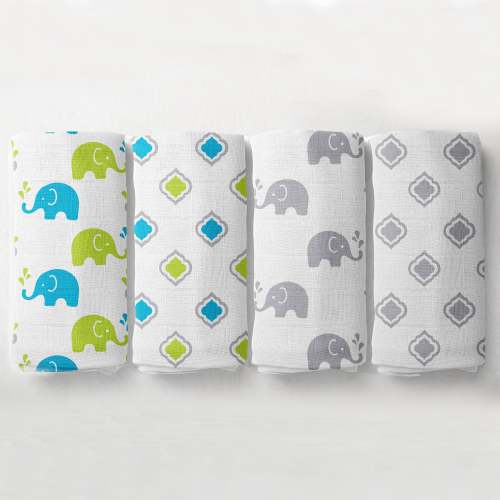 Bacati - 4 Pack Neutral Muslin Essentials Swaddle Blankets Elephants Aqua Lime Grey
