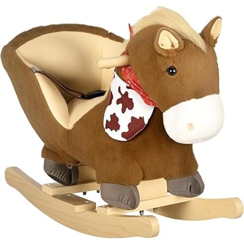 Qaba Baby Rocking Horse, Riding Horse, Plush Animal Rocker with Realistic Sound, Pedals for Ages 18-36 Months, Brown