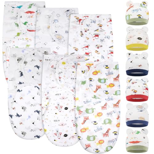 Ramede 6 Pack Baby Swaddle Blanket with Hats Sleep Swaddle for 0-3 Months Newborn Sacks Soft Cotton Wearable for Boy Girl