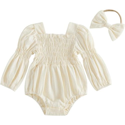 Kavousa Smocked Baby Girl Clothes Newborn Girl Bubble Romper Long Sleeve Jumpsuit And Headband Outfit Cute Infant Clothing