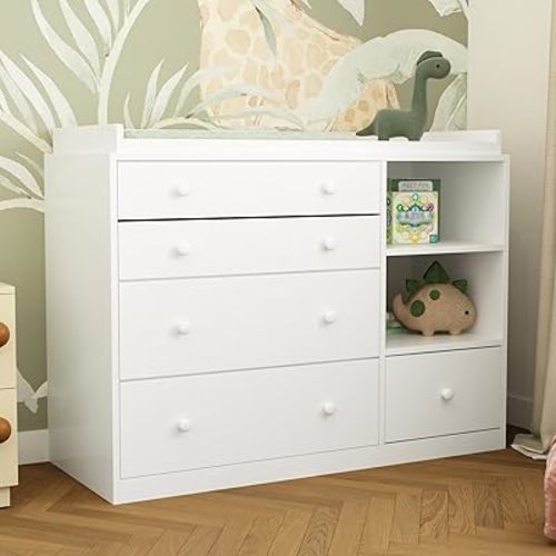 Changing Table Dresser, Baby Dresser with 5 Drawers and 2 Shelves, Multi-Functional Baby Changing Table, Classic Nursery Dresser, Diaper Changing Station for Children's Room, White