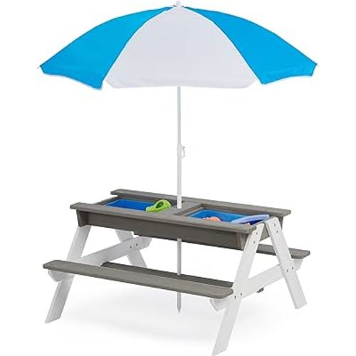 SoliWood Kids 3 in 1 Convertitable Sand and Water Table with Umbrella, Picnic Table for Outdoor Backyard Patio Play