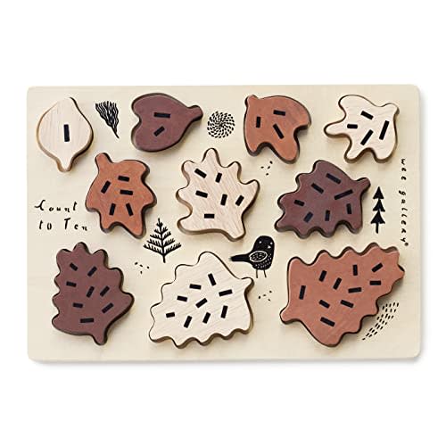 Wee Gallery Wooden Tray Puzzle Count to Ten Leaves, Montessori Toy for Toddlers and Preschoolers for Early Learning and Fine Motor Skill Development, Sustainable Educational Puzzle for Kids