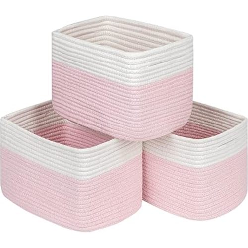 Pink Girls Baby Nursery Rope Toys Baskets , Decorative Woven Storage Baskets for Gift, Cubes Storage Organizer Baskets Bins, Closet Shelf Storage Baskets for Organizing
