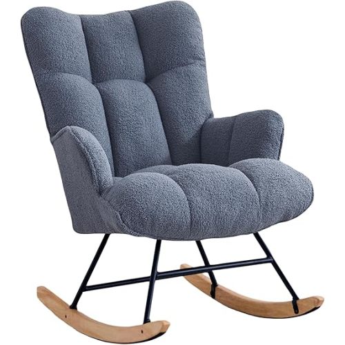 Rocking Chair Nursery Teddy Upholstered Glider Rocker Rocking Accent Chair Padded Seat with High Backrest Armchair Comfy Side Chair for Living Room Bedroom Offices (Dark Blue Teddy)