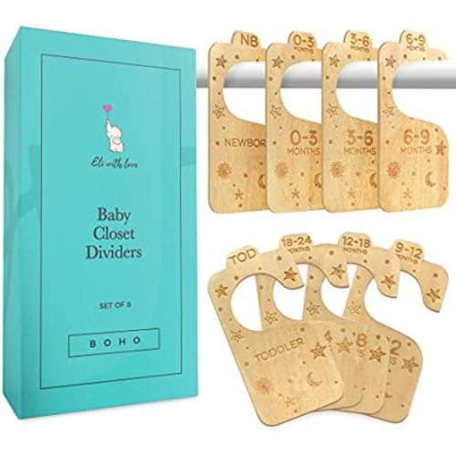 Baby Closet Dividers (Boho) by Eli with Love - 8 Premium Wood Double Sided Baby Closet Size Dividers - Ideal Baby Clothes Dividers for Closet – Organize Nursery Closet Hangers by Size/Age