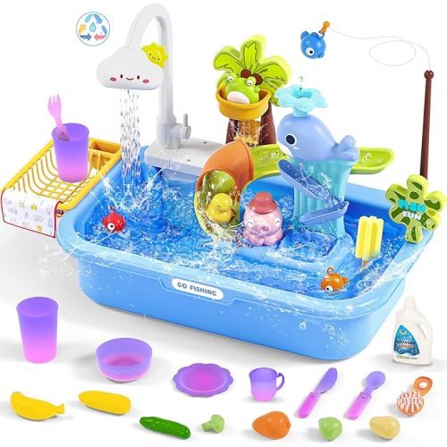 Upgraded Play Sink with Running Water, Color Changing Play Kitchen Sink Toy with Electric Faucet, Dishwasher & Pool Floating & Fishing Toys for Kids, Play House Pretend Role Play Toys for Boys Girls - Blue