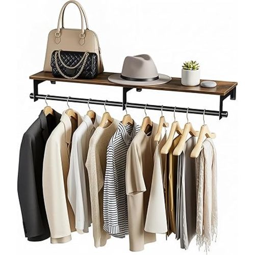Luxspire Wall Mounted Clothes Rack, 43.3inch Clothing Racks with Top Shelf for Hanging Clothes, Heavy Duty Industrial Pipe Garment Rack, Laundry Room Shelves Closet Storage, Large