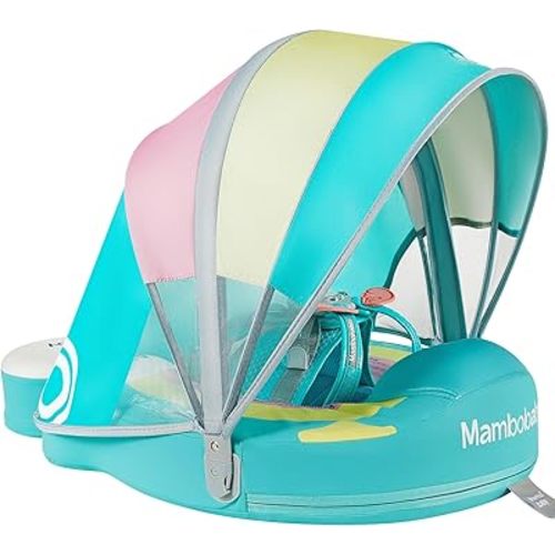 Mambobaby Non-Inflatable Baby Pool Float with Tail and Canopy UPF 50+ Sun Protection No Flip Over Infant Swim Float Skin-Friendly Mambo Float Swim Trainer Solid Baby Swimming Ring (Rainbow Green)