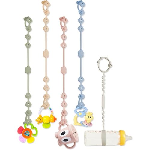 Toy Straps for Baby - 5 Pack Adjustable Silicone Toy Safety Straps and Sippy Cup Straps for Strollers, High Chairs, Cribs, Car Seats, Multi Colors (Blue+Green+Beige+Pink+Gray)