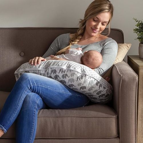 Boppy Nursing Pillow Original Support, Gray Elephants Plaid, Ergonomic Nursing Essentials for Bottle and Breastfeeding, Firm Fiber Fill, with Removable Nursing Pillow Cover, Machine Washable