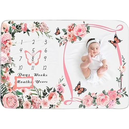 Chumia Baby Monthly Milestone Blanket for Baby Girl 59"x39" Floral Butterfly Photo Prop Age Milestone Blanket with 2 Felt Floral Wreath Frame(Pink)